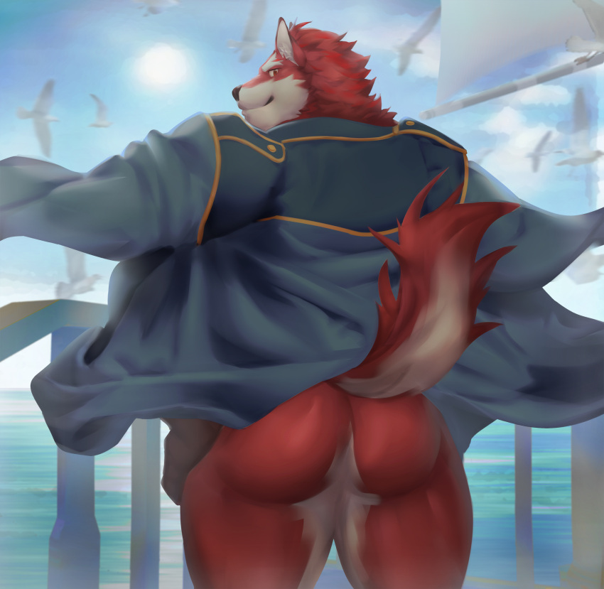 2022 anthro big_butt boat bottomless bozi butt canid caption casual_exposure clothed clothing cloud day fur hands_on_hips hi_res jacket looking_at_viewer looking_back looking_back_at_viewer male mammal muscular muscular_anthro muscular_butt muscular_male open_clothing open_jacket open_topwear outside rear_view sea sky smile solo standing sun topwear tuft vehicle water watercraft