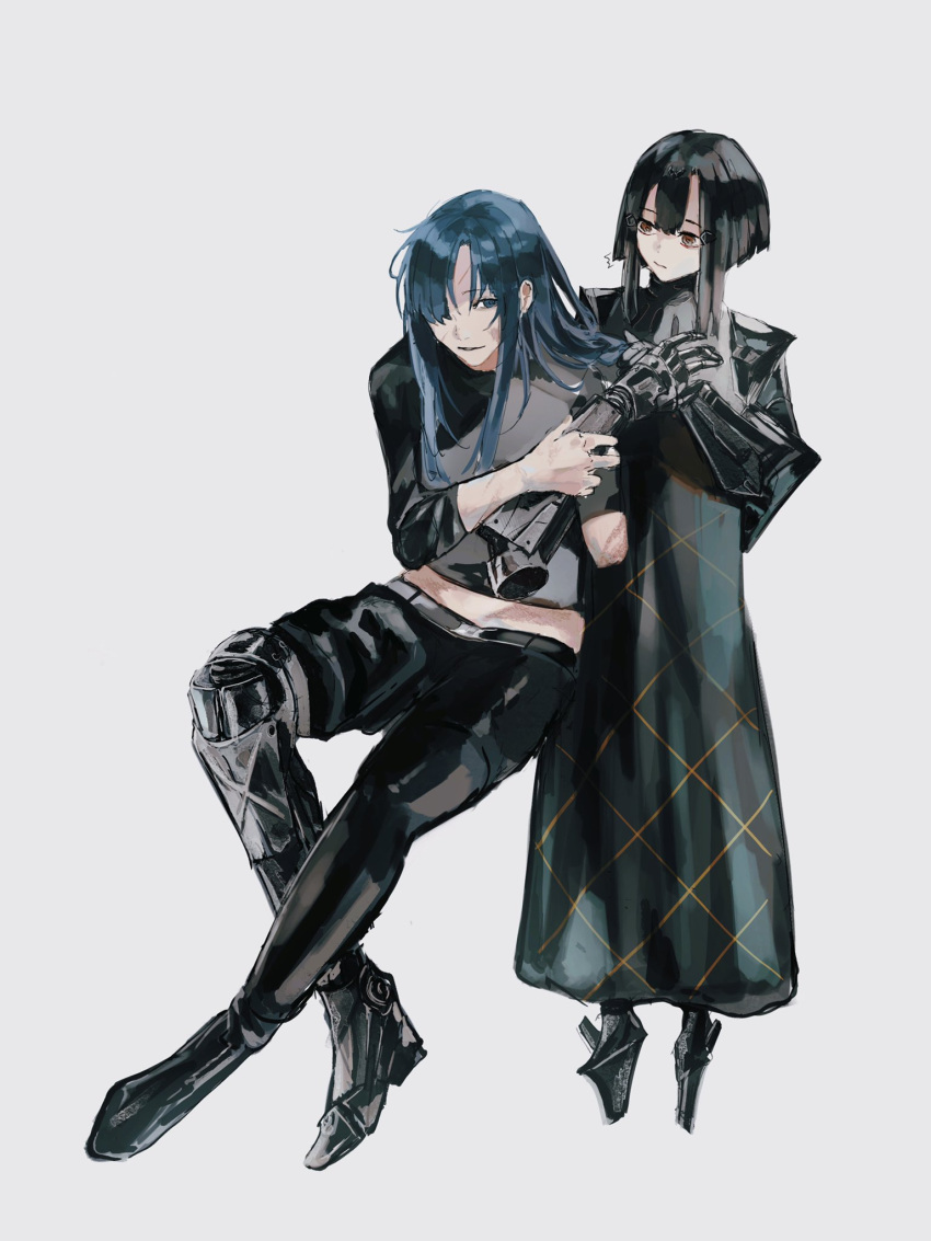 2girls amputee angelia_(girls'_frontline) anna_(girls'_frontline) black_hair blue_hair cyborg girls'_frontline hair_over_one_eye high_heels highres long_bangs long_hair multiple_girls nyto_(girls'_frontline) prosthesis prosthetic_arm prosthetic_leg scar scar_on_face short_hair sushiwa white_background