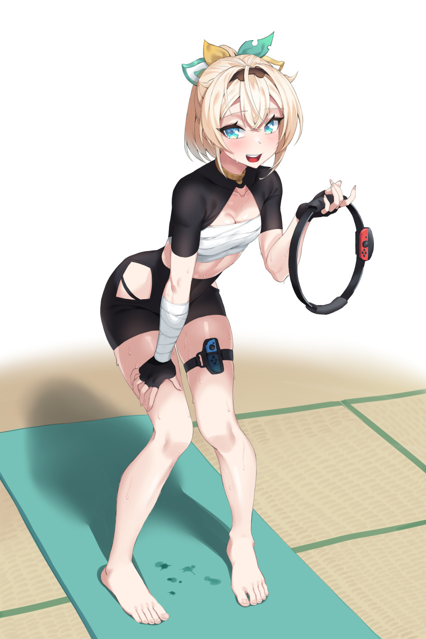 1girl absurdres ahoge bandaged_arm bandages bangs barefoot black_gloves black_hairband black_shorts blonde_hair blue_eyes blush breasts cleavage commentary crossed_bangs eropolarb eyebrows_visible_through_hair eyelashes fingerless_gloves full_body gloves hair_between_eyes hair_ornament hairband half_updo highres hip_vent hololive joy-con kazama_iroha knees_together_feet_apart leaf_hair_ornament leaning_forward looking_at_viewer medium_breasts medium_hair open_mouth ponytail ring-con ring_fit_adventure sarashi shadow short_shorts shorts shrug_(clothing) simple_background skindentation smile solo standing sweat sweatdrop tatami taut_clothes taut_shorts thigh_strap virtual_youtuber white_background wrist_wrap yoga_mat