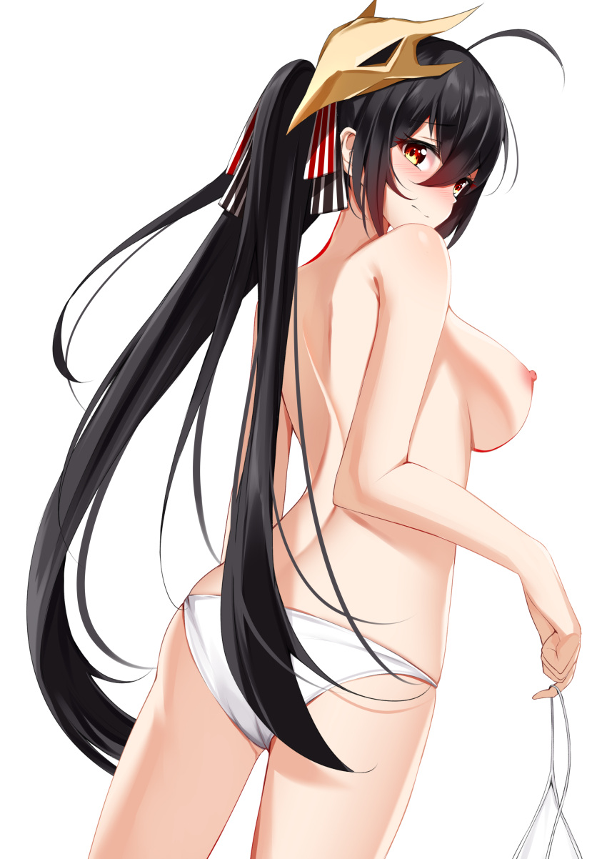 1girl absurdres areolae azur_lane bra bra_removed breasts catnnn hair_ornament highres holding holding_bra holding_clothes holding_underwear large_breasts long_hair looking_at_viewer looking_back nipples panties solo taihou_(azur_lane) topless twintails underwear very_long_hair white_background white_bra white_panties
