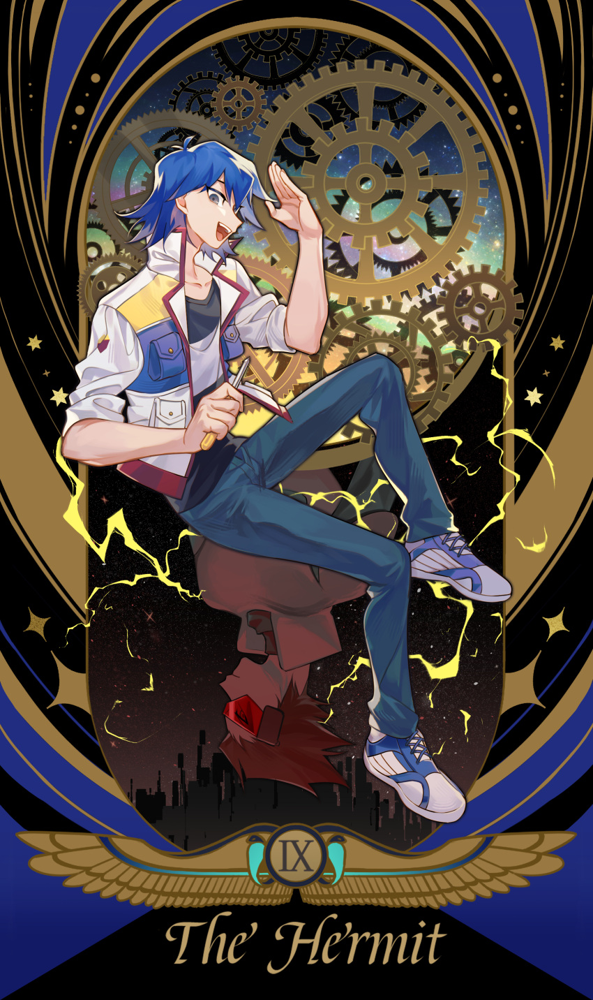 1boy :d absurdres antinomy border bruno_(yu-gi-oh!) casual dark_persona denim english_text full_body highres jacket jeans male_focus open_clothes open_jacket pants roman_numeral salute shoes short_hair sitting smile sneakers solo_focus spoilers ssbaby tarot the_hermit_(tarot) yu-gi-oh! yu-gi-oh!_5d's