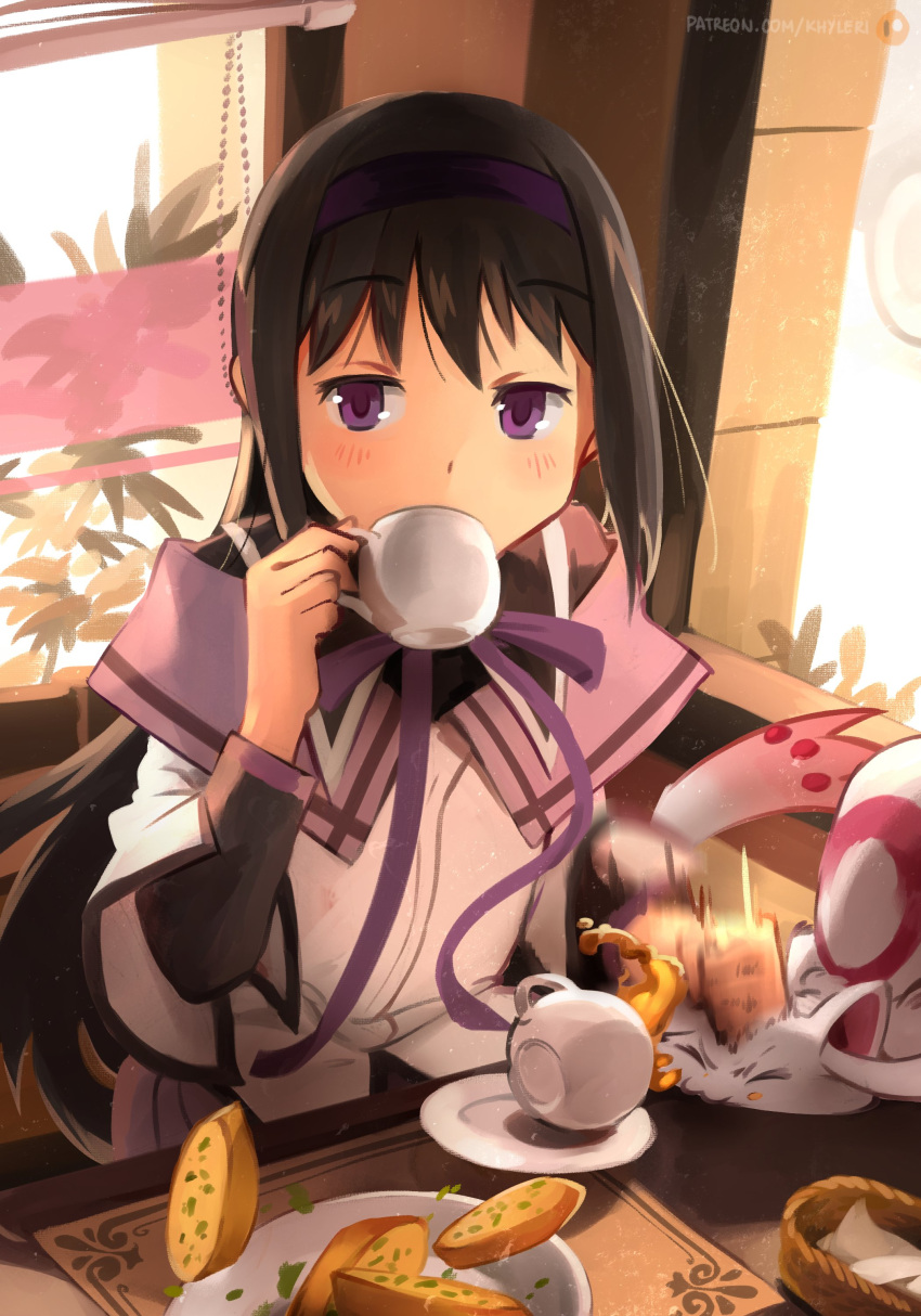 1girl absurdres akemi_homura bangs black_hair black_undershirt blinds blush bread_slice coffee_cup commentary cup day disposable_cup drinking english_commentary eyebrows_visible_through_hair foliage hairband highres hitting holding holding_cup indoors khyle. kyubey long_hair long_sleeves looking_ahead mahou_shoujo_madoka_magica multicolored_shirt napkin napkin_holder patreon_username placemat plate pleated_skirt purple_eyes purple_hairband purple_shirt purple_skirt shirt sidelocks sitting skirt table very_long_hair white_shirt window wing_collar