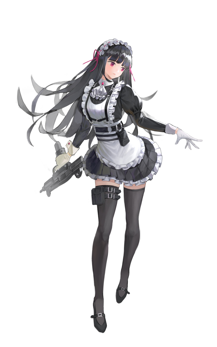 1girl absurdres apron ascot bangs black_footwear black_hair black_legwear blunt_bangs commentary english_commentary floating_hair frilled_apron frilled_skirt frills full_body geulemaen gloves gun hair_ribbon highres long_hair looking_away looking_to_the_side machine_pistol maid_apron maid_headdress original red_eyes red_ribbon ribbon simple_background skirt solo thigh_pouch thigh_strap thighhighs thighs very_long_hair weapon white_background white_gloves