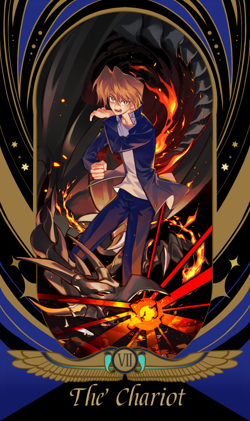 1boy absurdres blonde_hair border brown_eyes dragon duel_monster english_text full_body gakuran highres jounouchi_katsuya looking_at_viewer male_focus open_clothes open_shirt red-eyes_black_dragon roman_numeral school_uniform shirt short_hair solo_focus ssbaby tarot the_chariot_(tarot) white_shirt yu-gi-oh!