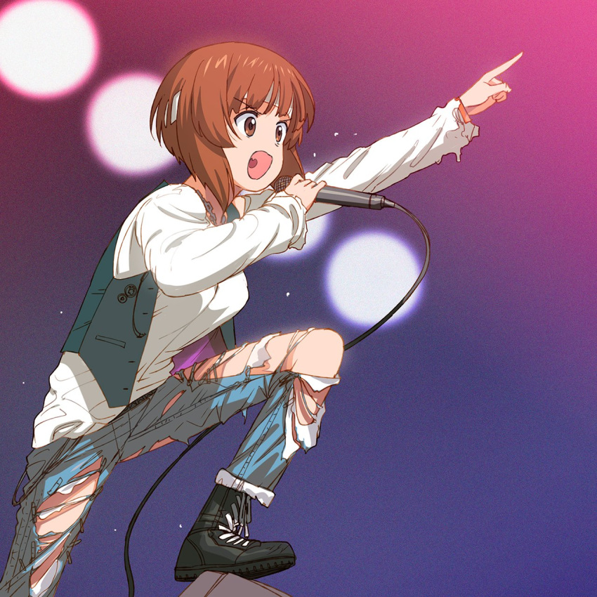 1girl a1 bangs black_footwear black_vest boots brown_eyes brown_hair chain commentary cross-laced_footwear denim foot_up girls_und_panzer headband highres holding holding_microphone jeans lace-up_boots long_sleeves microphone nishizumi_miho open_clothes open_mouth open_vest pants pointing sex_pistols shirt short_hair smile solo standing torn_clothes torn_jeans torn_pants translated v-shaped_eyebrows vest white_headband white_shirt