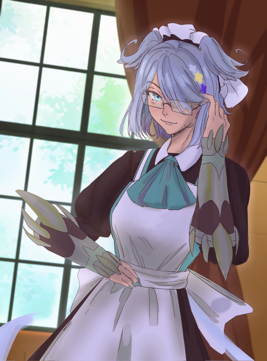 1girl apron bangs bee_(flakesnpie) black_dress blue_eyes blue_hair cosplay curtains dress elira_pendora glasses hair_over_one_eye hand_on_hip hand_on_own_head highres house_dragonmaid house_dragonmaid_(cosplay) juliet_sleeves long_sleeves looking_down maid maid_apron maid_headdress nijisanji nijisanji_en puffy_sleeves smile solo trait_connection virtual_youtuber window yu-gi-oh!