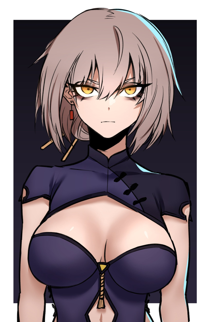 1girl absurdres bangs blue_dress breasts china_dress chinese_clothes clothing_cutout dress english_commentary expressionless fate/grand_order fate_(series) gloves highres j.k. jeanne_d'arc_(alter)_(fate) jeanne_d'arc_(fate) long_hair looking_at_viewer medium_breasts navel_cutout platinum_blonde_hair slit_pupils solo tied_hair underboob upper_body yellow_eyes zipper zipper_pull_tab