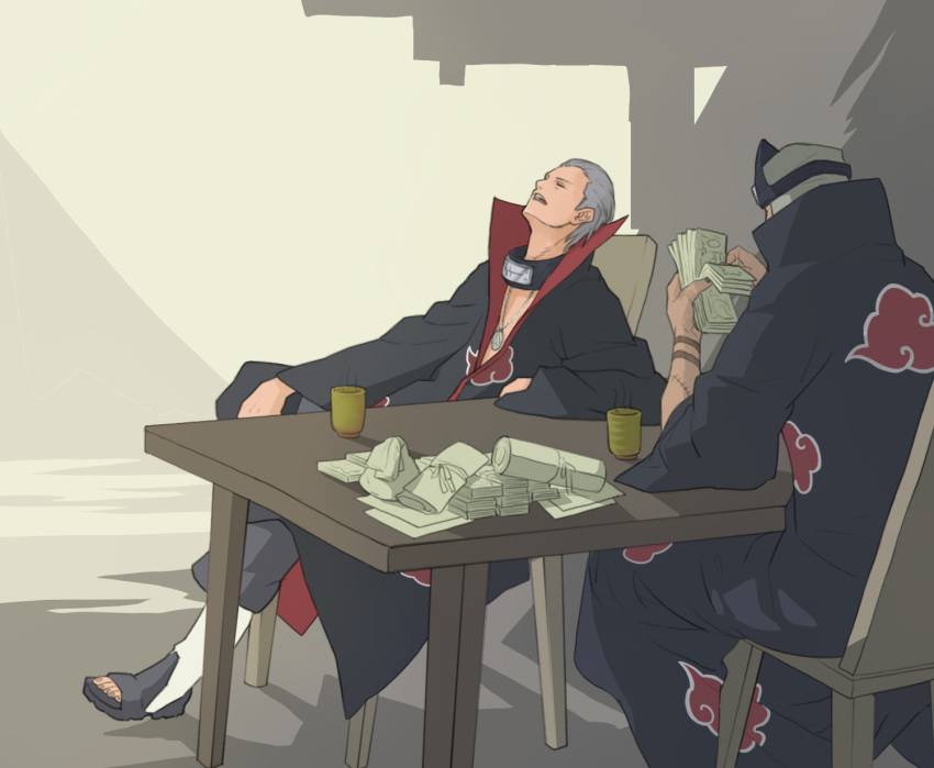 2boys akatsuki_(naruto) akatsuki_uniform black_cloak black_pants chair cloak closed_mouth cup hidan_(naruto) highres holding holding_money jewelry kakuzu_(naruto) long_sleeves money multiple_boys naruto_(series) naruto_shippuuden necklace ninja open_mouth pants sandals short_hair silver_hair sitting table tattoo teacup toes yutake