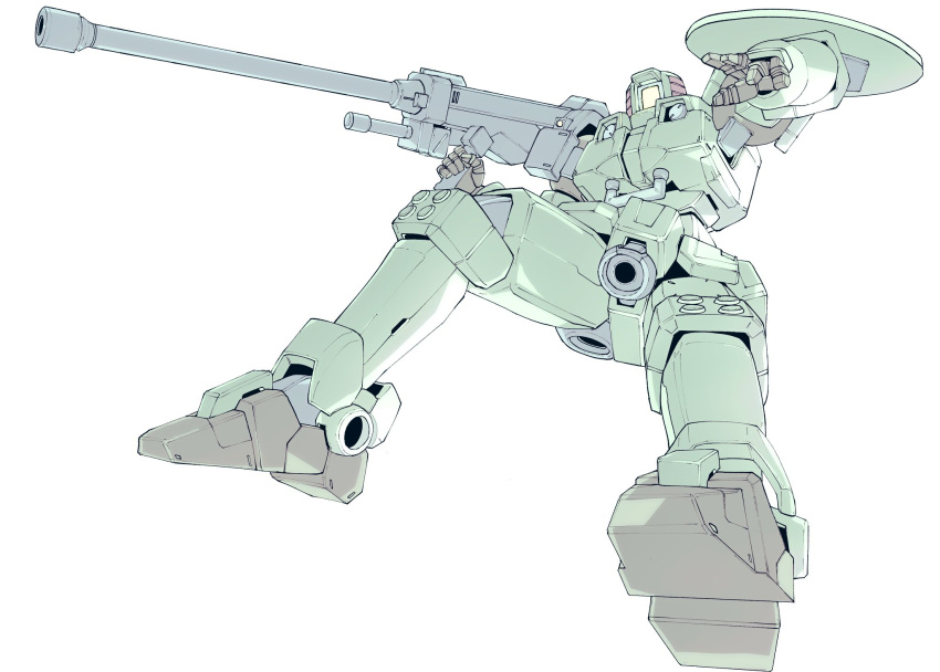 cannon full_body gun gundam gundam_wing highres holding holding_gun holding_weapon kuroiwa_cookie leo_(mobile_suit) mecha mobile_suit no_humans science_fiction shield simple_background thrusters weapon white_background