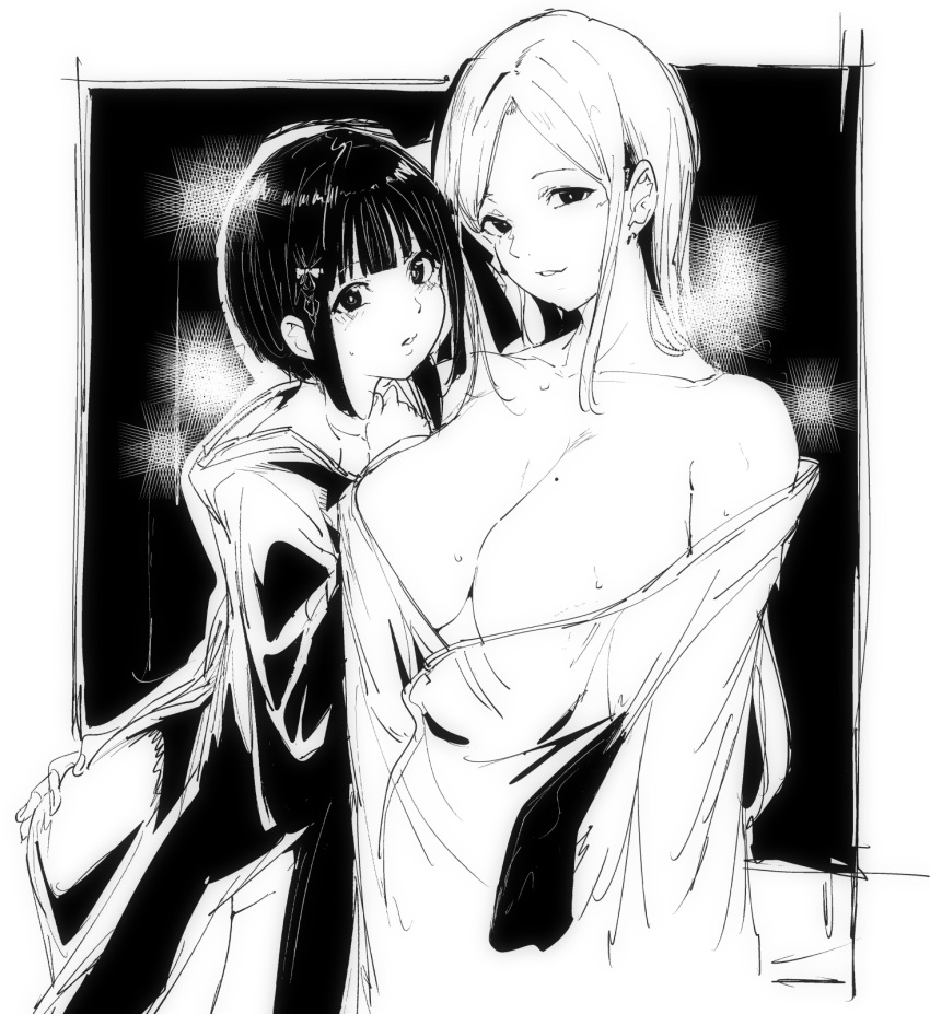 2girls alp bangs bare_shoulders blunt_bangs blush breasts greyscale hair_ornament highres large_breasts long_hair looking_at_viewer monochrome multiple_girls off_shoulder original parted_bangs parted_lips short_hair sidelocks smile sweat upper_body