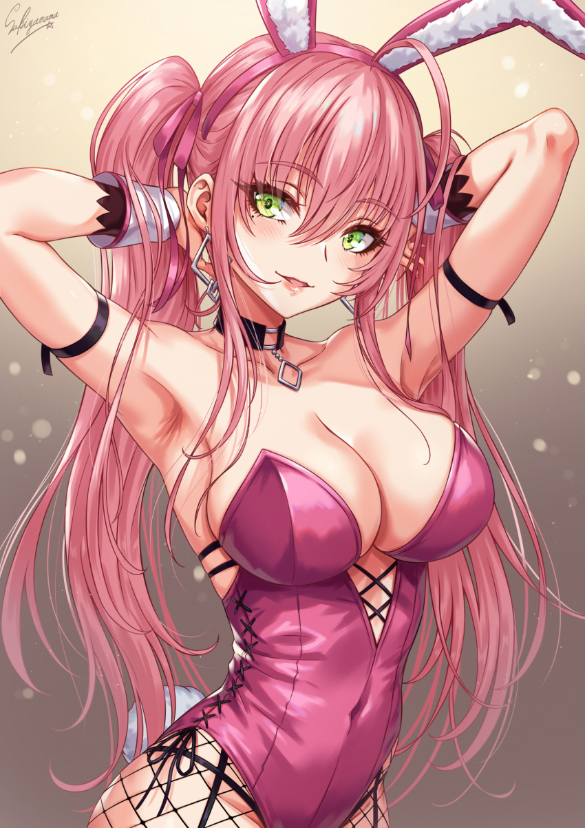 1girl animal_ears arms_behind_head arms_up bare_shoulders breasts cleavage collarbone covered_navel cross-laced_clothes earrings fake_animal_ears fake_tail gradient gradient_background green_eyes hair_between_eyes highleg highleg_leotard highres jewelry large_breasts leotard long_hair looking_at_viewer original pink_hair pink_leotard playboy_bunny rabbit_ears rabbit_tail sakiyamama smile solo tail twintails upper_body very_long_hair