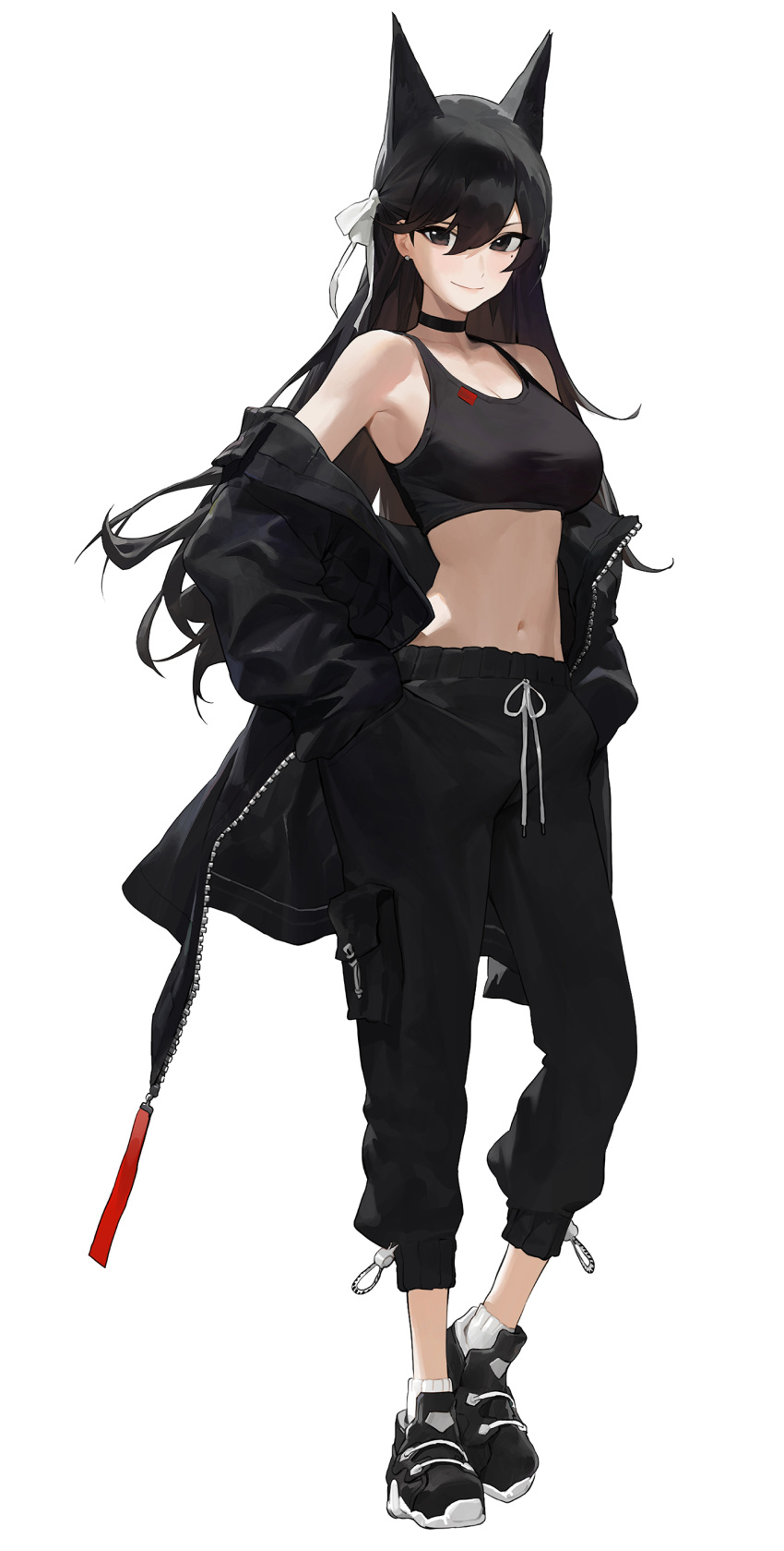 1girl absurdres animal_ears armpits atago_(azur_lane) azur_lane bare_shoulders black_choker black_eyes black_footwear black_hair black_jacket black_pants black_shirt breasts choker crop_top extra_ears full_body hair_ribbon highres jacket large_breasts long_hair long_sleeves looking_at_viewer midriff mole mole_under_eye mossi navel off_shoulder open_clothes open_jacket pants ribbon shirt shoes sleeveless sleeveless_shirt smile sneakers solo standing stomach