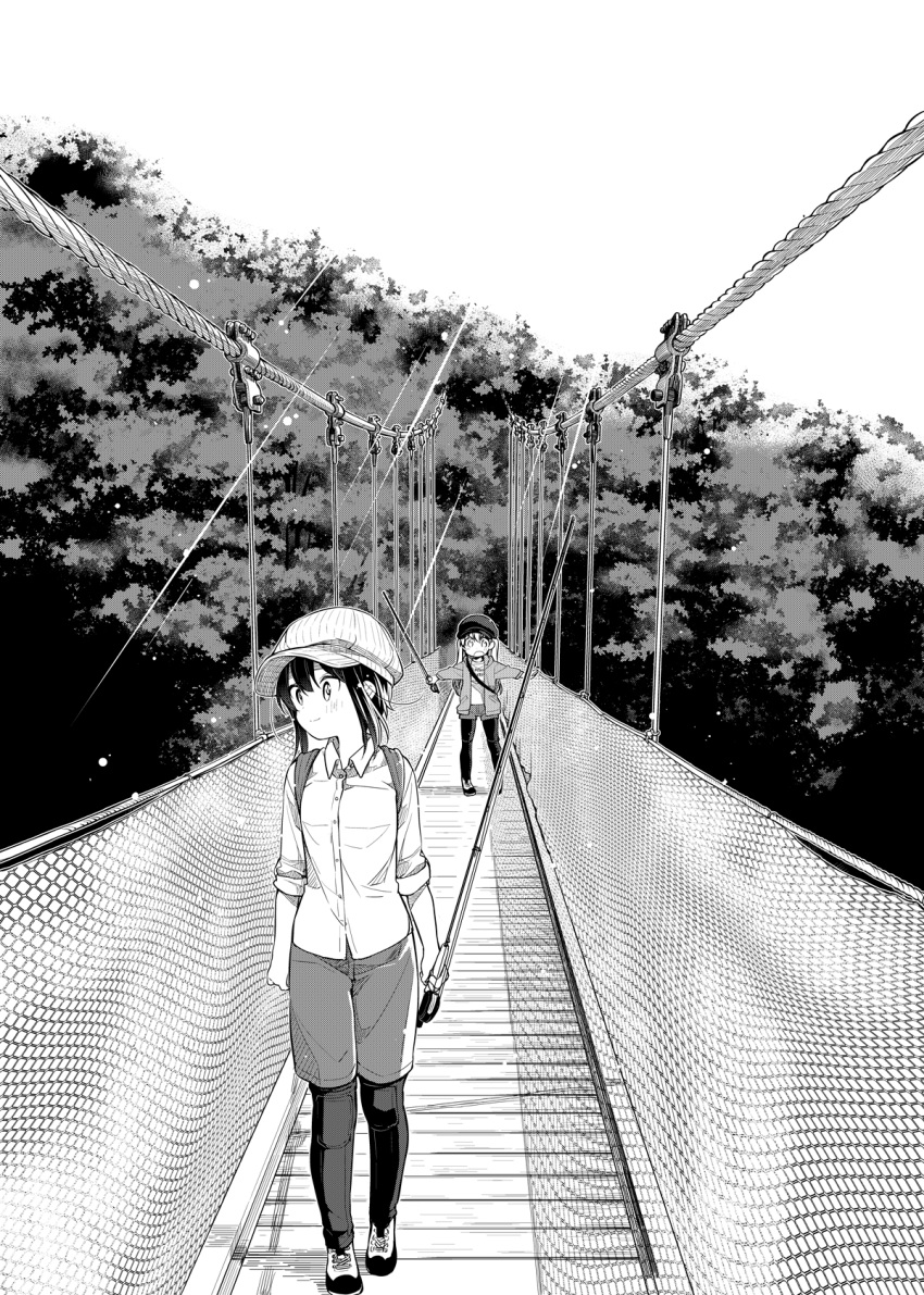 2girls arms_at_sides balancing bangs blush bridge cabbie_hat casual closed_mouth collared_shirt cross-laced_footwear d: dot_nose dress_shirt fishing_rod floating_hair gaiters greyscale hair_between_eyes hanging_bridge hat hatching_(texture) highres holding holding_fishing_rod hood hood_down hooded_jacket jacket legs_apart legwear_under_shorts light_particles light_rays linear_hatching long_hair long_sleeves looking_away looking_to_the_side minagi_hiyori minagi_koharu monochrome multiple_girls nature net official_art open_clothes open_jacket open_mouth outdoors outstretched_arms rope_bridge scenery shadow shirt shoes shorts sidelocks sky sleeves_past_elbows sleeves_rolled_up slow_loop smile sneakers split_mouth spread_arms step-siblings straight-on sunbeam sunlight t-shirt tareme thighhigh_gaiters thighhighs tree two_side_up uchino_maiko v-shaped_eyebrows walking wide_shot wind wing_collar wooden_bridge