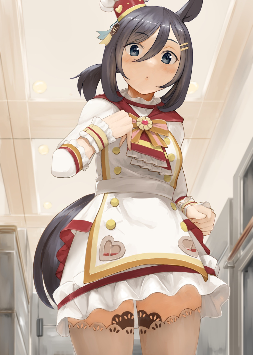 1girl animal_ears apron bangs black_hair blue_eyes bob_cut brown_legwear chef_hat closed_mouth commentary crown_patisserie_(umamusume) dress eishin_flash_(collect_chocolatier)_(umamusume) eishin_flash_(umamusume) eyebrows_visible_through_hair frilled_dress frills hair_ornament hairclip hat heart highres honmakaina_kudou horse_ears horse_girl horse_tail indoors lace-trimmed_legwear lace_trim long_sleeves looking_at_viewer mini_hat neckerchief official_alternate_costume red_neckerchief short_dress short_hair solo standing swept_bangs tail thighhighs tilted_headwear umamusume white_apron white_dress white_headwear zettai_ryouiki