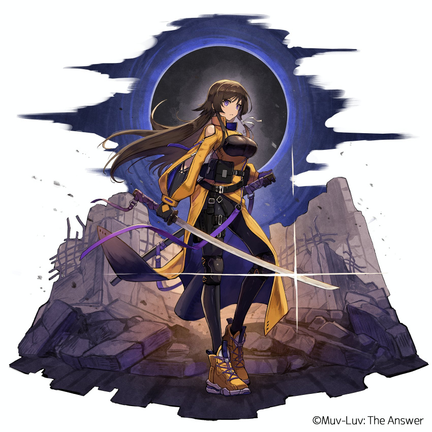 1girl bangs black_gloves black_pants boots breasts brown_hair floating_hair gloves highres holding holding_sword holding_weapon immortals:_muvluv_alternative katana kuroi_susumu large_breasts long_hair looking_at_viewer muvluv muvluv_alternative muvluv_total_eclipse official_art pants purple_eyes rubble shiny solo sword takamura_yui weapon yellow_footwear