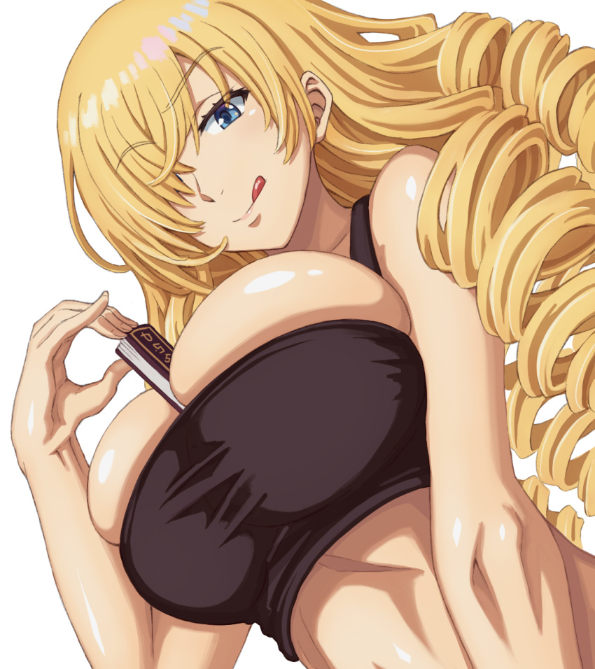 1girl between_breasts blonde_hair blue_eyes blush breasts cleavage commentary commentary_request drill_hair hair_over_one_eye highres jinrai_(owl12) large_breasts long_hair looking_at_viewer midriff oriana_thomason shiny shiny_skin simple_background solo to_aru_majutsu_no_index toned tongue tongue_out white_background