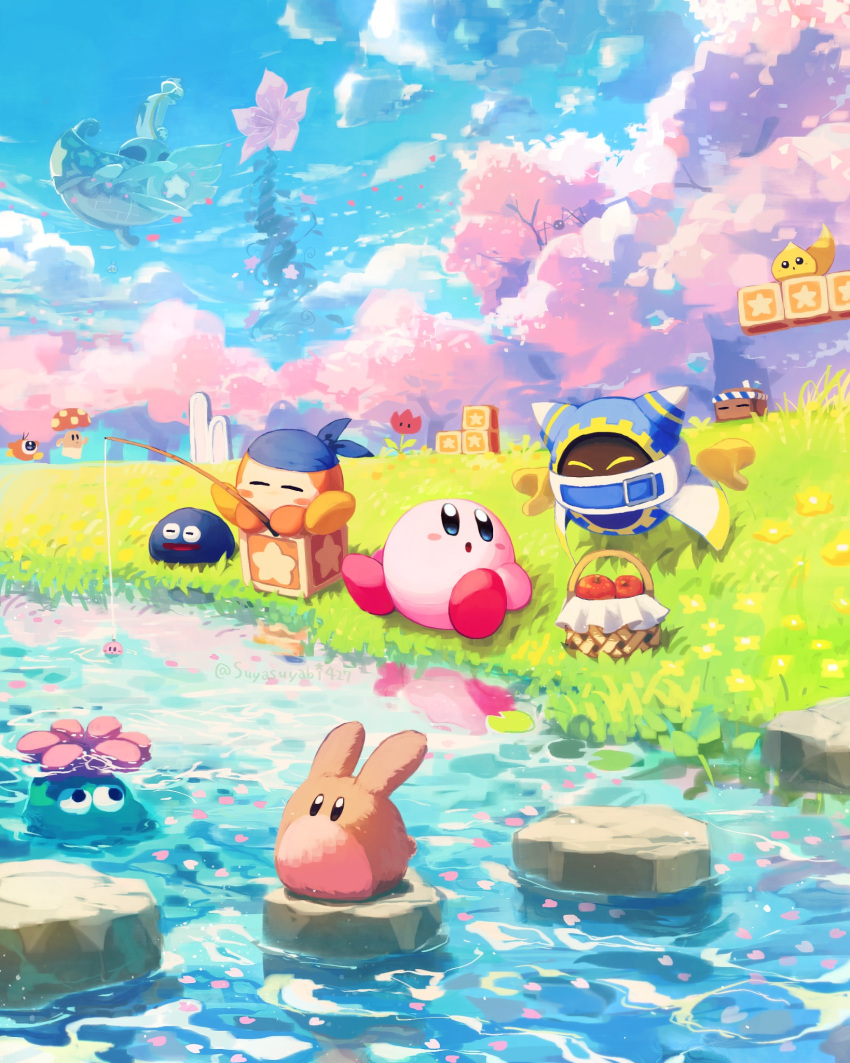:o ^_^ apple artist_name bandana bandana_waddle_dee basket blue_bandana blue_eyes blue_sky blush blush_stickers cappy_(kirby) cherry_blossoms chip_(kirby) closed_eyes cloud day fishing fishing_rod flower food forest fruit glunk_(kirby) gooey_(kirby) grass highres holding holding_fishing_rod kirby kirby's_return_to_dream_land kirby's_return_to_dream_land_deluxe kirby_(series) lily_pad looking_back lor_starcutter magolor mariel_(kirby) nature no_humans open_mouth outdoors pink_flower plant polof rabbit red_flower rock rocky_(kirby) scenery ship sitting sky star_(symbol) star_block stepping_stones suyasuyabi tree tulip_(kirby) twitter_username waddle_doo water watercraft yellow_flower