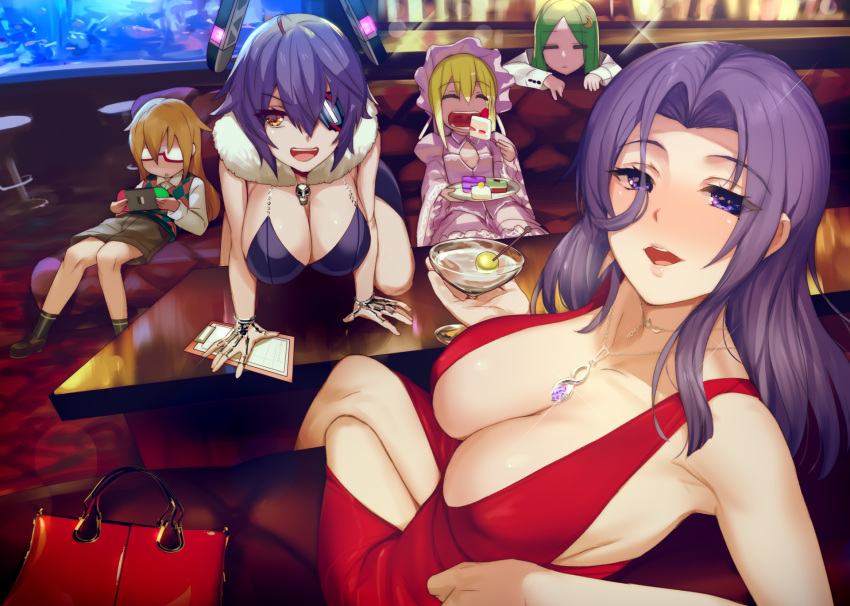 5girls alternate_costume aquarium bar_stool bare_shoulders blonde_hair blush bonnet booth_seating breasts cake cake_slice character_request cleavage closed_eyes cocktail_glass crossed_legs cup dress drinking_glass duplicate eating eyebrows_visible_through_hair eyelashes eyepatch food fur_collar green_hair hair_ornament handheld_game_console headgear highres holding holding_handheld_game_console jewelry kantai_collection kusaka_souji large_breasts long_hair looking_at_viewer menu_board mochizuki_(kancolle) multiple_girls nagatsuki_(kancolle) necklace nightclub nintendo_switch olive on_table open_mouth pixel-perfect_duplicate purple_eyes purple_hair red_dress satsuki_(kancolle) short_hair shorts sitting smile stool sweater_vest table tatsuta_(kancolle) tenryuu_(kancolle) yellow_eyes