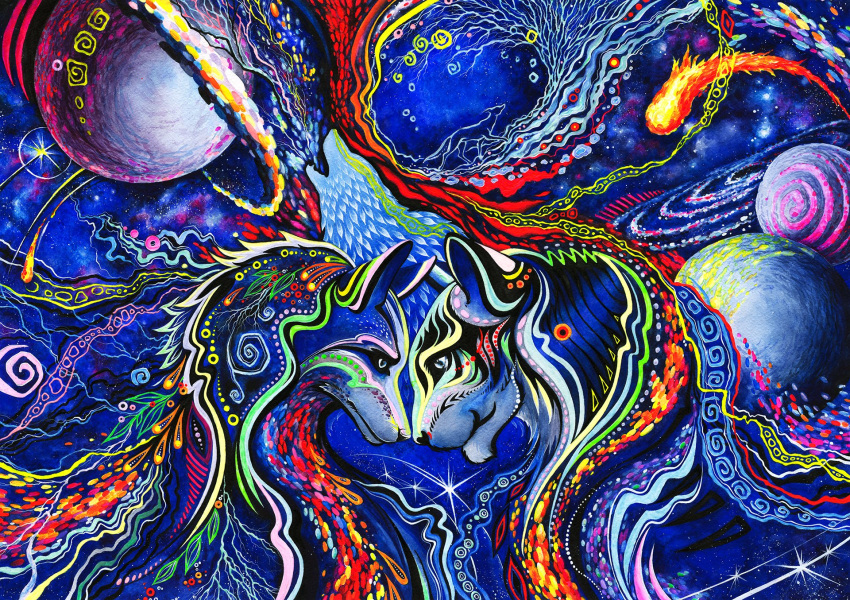 2022 abstract_art abstract_background anthro asteroid blue_eyes bovid canid canine canis caprine colorful cosmic_background domestic_dog duo elkir felid galaxy hi_res husky leaf male mammal meteor nordic_sled_dog painting_(artwork) pantherine planet plant psychedelic sheep space spiral spitz star surreal surrealism tiger traditional_media_(artwork) wallpaper watercolor_(artwork) wolf