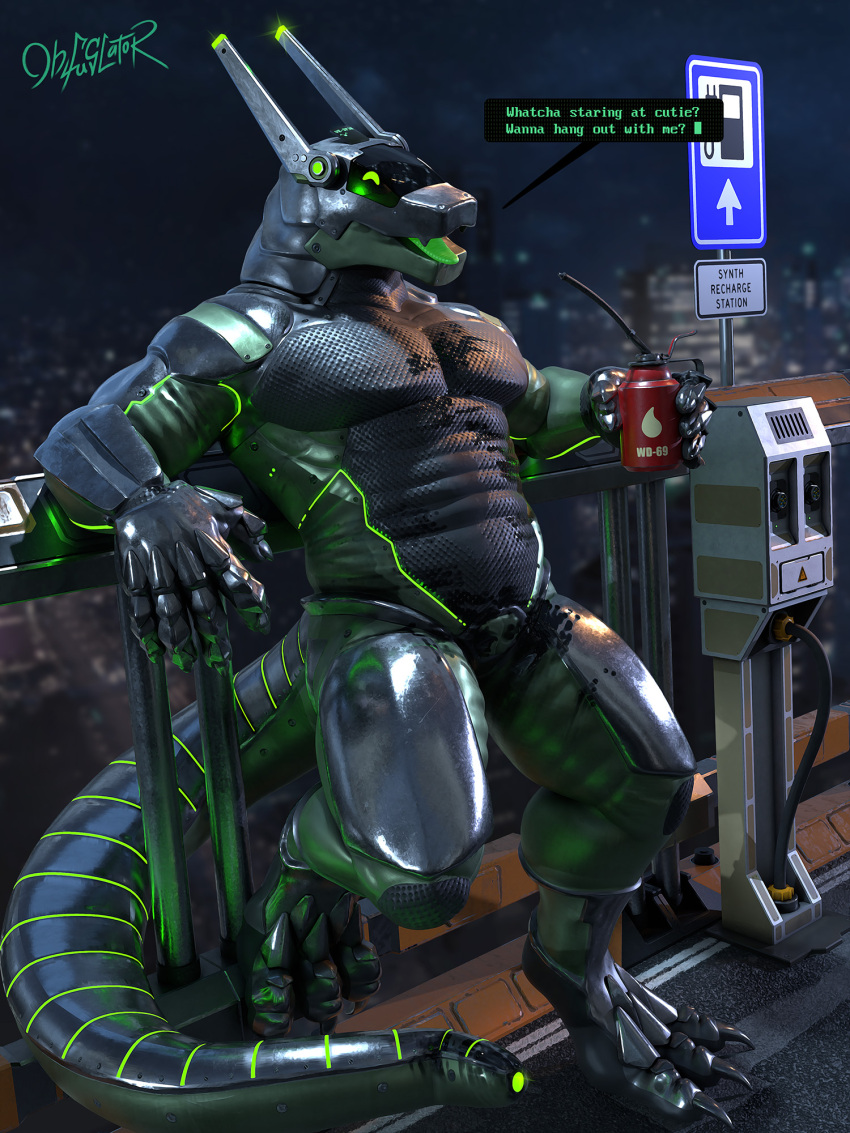 3:4 anthro armor armrest bent_arm beverage by-nc-nd city creative_commons dark_body detailed_background dialogue digital_media_(artwork) dirty dragon drinking english_text fence glistening glistening_body green_body green_eyes happy happy_eyes hi_res looking_at_viewer machine male metal metallic_body muscular muscular_anthro muscular_male night obfuscator oil oil_can open_mouth outside robot rubber rubber_body science_fiction sign sky skyline smile solo speech_bubble station synth_(vader-san) text tongue vesper