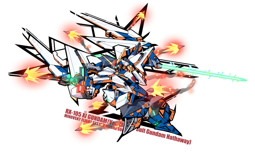 absurdres beam_rifle beam_saber character_name commentary copyright_name energy_gun energy_sword english_commentary english_text funnels green_eyes gundam gundam_hathaway's_flash gylmyr highres mecha missile missiles mobile_suit no_humans redesign science_fiction smoke_trail solo sword v-fin weapon white_background xi_gundam