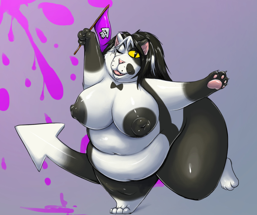 2016 anthro arrow belly big_belly big_breasts black_and_white_body black_and_white_fur black_and_white_hair bow_tie breasts domestic_cat felid feline felis female flag front_view fur genitals hair hi_res holding_flag holding_object judd looking_at_viewer mammal navel nintendo nipples nude on_one_leg one_eye_closed open_mouth overweight overweight_anthro overweight_female paint_splatter paws pointy_tail pussy shenzel shenzel_(shenzel) short_stack smile solo splatoon standing thick_thighs video_games wide_hips wink yellow_eyes
