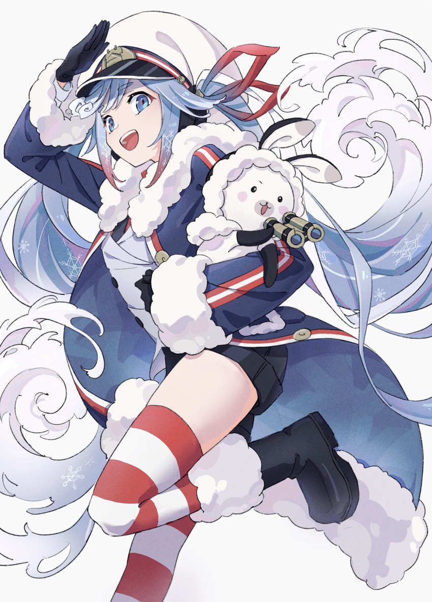 1girl 1other animal binoculars black_footwear black_gloves black_necktie black_shorts blue_coat blue_eyes boots bunny buttons coat colored_tips commentary double-breasted from_side fur-trimmed_boots fur-trimmed_coat fur-trimmed_hood fur_trim gloves hair_ribbon hand_up hat hatsune_miku highres holding holding_animal holding_binoculars hood hood_up jacket leg_up light_blue_hair looking_at_viewer looking_to_the_side mele_ck military military_uniform multicolored_hair naval_uniform necktie open_mouth peaked_cap red_hair red_legwear red_ribbon red_shirt ribbon salute shirt shorts smile standing standing_on_one_leg striped striped_legwear thighhighs twintails uniform vocaloid wavy_hair white_headwear white_jacket yuki_miku yuki_miku_(2022)
