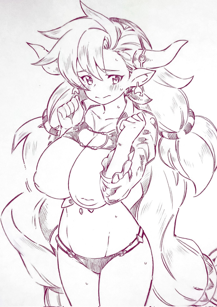 almeida_(granblue_fantasy) blush breasts closed_mouth commentary draph earrings granblue_fantasy highres horns inverted_nipples jewelry large_breasts long_hair looking_at_viewer monochrome navel pointy_ears standing sweat thighs traditional_media tsukareta_san very_long_hair