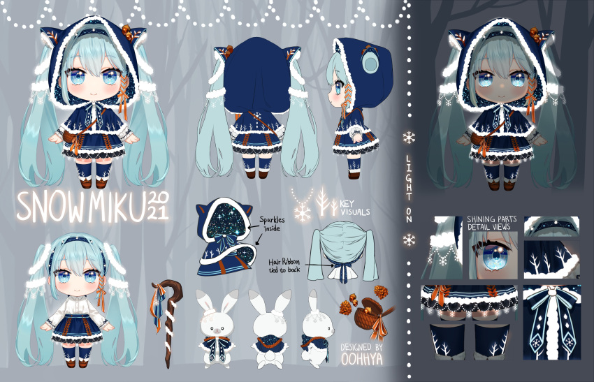 1girl 2021 absurdres acorn animal animal_ears aqua_eyes aqua_hair arms_at_sides arrow_(symbol) bag bangs bare_tree basket blue_bow blue_bowtie blue_dress blue_eyes blue_legwear blue_ribbon blue_skirt bow bowtie braid brown_footwear bunny capelet cat_ears character_name chibi clothed_animal collared_shirt dotted_line dress facing_away fake_animal_ears fur-trimmed_capelet fur-trimmed_dress fur-trimmed_hood fur_trim garland_(decoration) glowing grey_background hair_ribbon hair_through_headwear hairband hatsune_miku highres hood hood_up hooded_capelet long_hair long_sleeves multiple_views no_hood oohhya orange_ribbon profile rabbit_yukine ribbon ribbon_braid rope shirt shoes shoulder_bag side_braid single_braid skirt smile snowflake_print staff standing starry_sky_print string_of_light_bulbs thighhighs tree turnaround twintails variations very_long_hair vocaloid white_shirt yuki_miku zettai_ryouiki