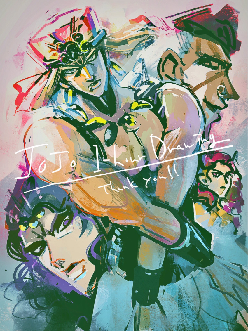 4boys bracer chocoblood earrings esidisi highres horns jewelry jojo_no_kimyou_na_bouken kars_(jojo) lip_piercing long_hair male_focus multiple_boys muscular muscular_male necklace nose_piercing nose_ring piercing purple_hair red_hair santana_(jojo) topless_male turban wamuu wavy_hair