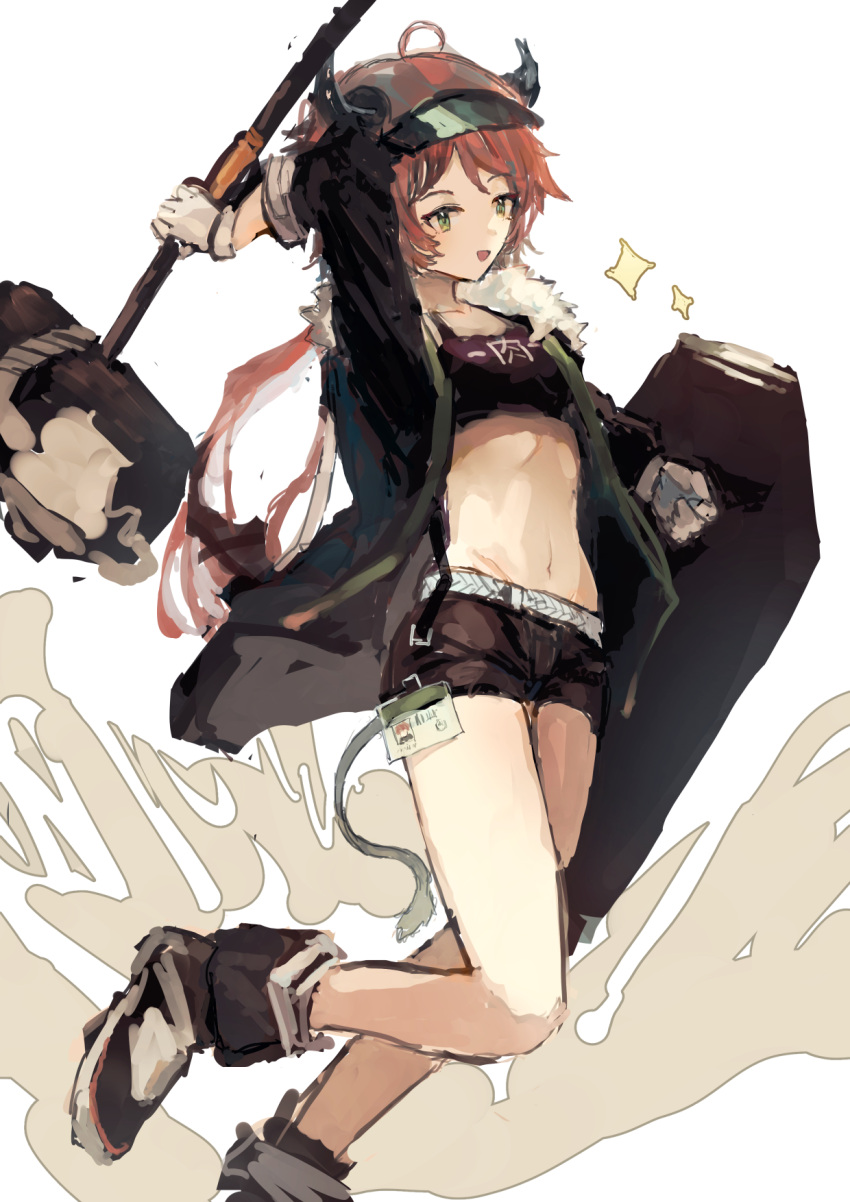 1girl :d ahoge arknights arm_up bangs bare_legs black_footwear black_jacket black_shorts commentary_request croissant_(arknights) crop_top foot_out_of_frame gloves green_eyes hammer highres holding holding_hammer holding_shield holding_weapon horns id_card jacket long_hair long_sleeves looking_at_viewer mamera1129 midriff navel open_clothes open_jacket open_mouth orange_hair shield shoes short_shorts shorts simple_background smile solo sparkle stomach thighs visor_cap weapon white_background white_gloves