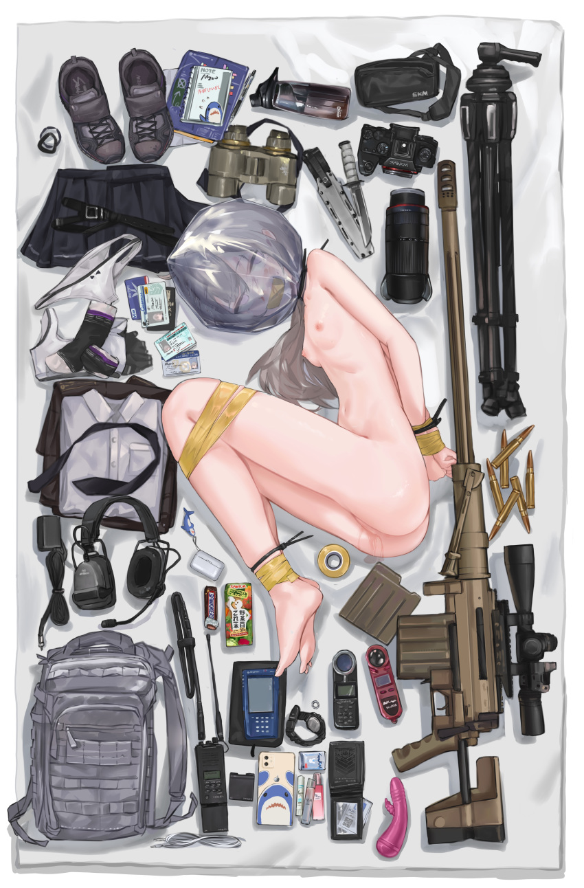 1girl absurdres arms_behind_back backpack bag binoculars black_skirt bolt_action bound bound_legs bound_wrists bra bra_removed breasts bullet camera cellphone cheytac_m200 collared_shirt combat_knife commission dildo gag gagged girls'_frontline grey_hair gun headset highres improvised_gag knife knife_holster long_hair lying m200_(girls'_frontline) magazine_(weapon) nipples nude on_side panties panties_removed phone purple_eyes rifle sawkm scope second-party_source sex_toy shirt shirt_removed shoes shoes_removed skirt skirt_removed small_breasts smartphone sneakers sniper_rifle solo tape tape_bondage tape_gag underwear weapon white_bra white_panties white_shirt