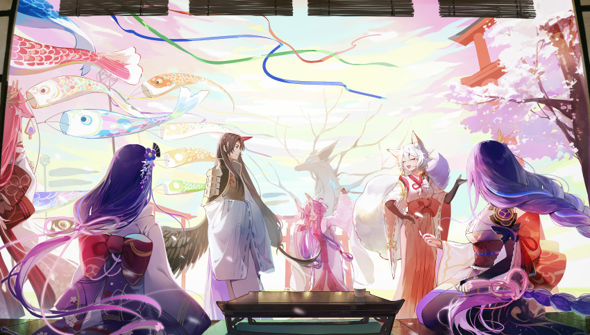 1boy 5girls absurdres animal_ears black_hair black_wings braid cherry_blossoms chiyo_(genshin_impact) dress fox_ears fox_tail genshin_impact hair_ornament highres horns kitsune_saiguu makoto_(genshin_impact) multiple_girls oni_horns pink_hair purple_dress purple_hair raiden_shogun sasayuri_(genshin_impact) stuko tail tengu torii tree white_hair wings yae_miko