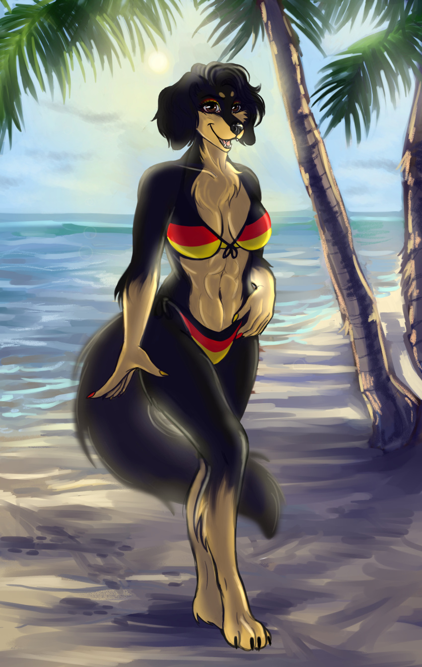 abs absurd_res anthro beach breasts canid canine canis cinnameana domestic_dog female german_flag german_flag_bikini hi_res hovawart lydia_von_blutsonne mammal muscular muscular_female palm_tree plant seaside solo tree
