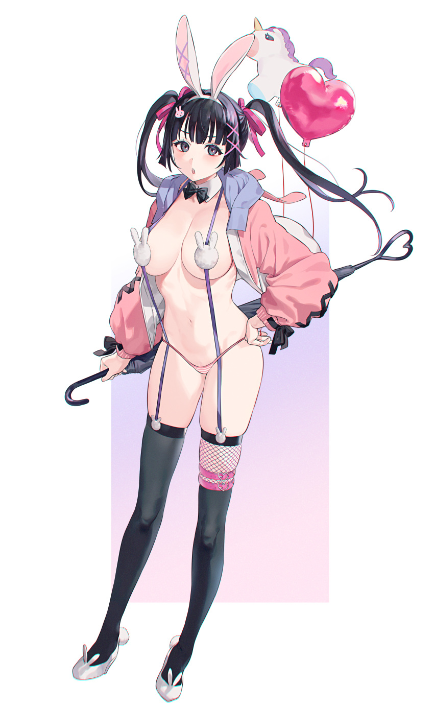 1girl :o absurdres amanekuu animal_ears balloon bangs black_eyes black_hair black_legwear black_ribbon blush bow bowtie breasts bunny_symbol caligula_(game) caligula_2 cross-laced_clothes detached_collar eyelashes fake_animal_ears fishnet_legwear fishnets full_body garter_belt hair_ornament hair_ribbon hand_on_hip heart_balloon highres holding holding_balloon holding_umbrella hood hood_down hooded_jacket jacket long_hair looking_at_viewer medium_breasts micro_panties navel no_bra open_clothes open_jacket open_mouth panties pink_jacket pink_panties pink_ribbon qp_(caligula) rabbit_ears ribbon side-tie_panties skindentation solo string_around_finger string_panties striped striped_panties teeth thigh_strap thighhighs twintails umbrella underwear unicorn upper_teeth vertical-striped_panties vertical_stripes white_footwear x_hair_ornament