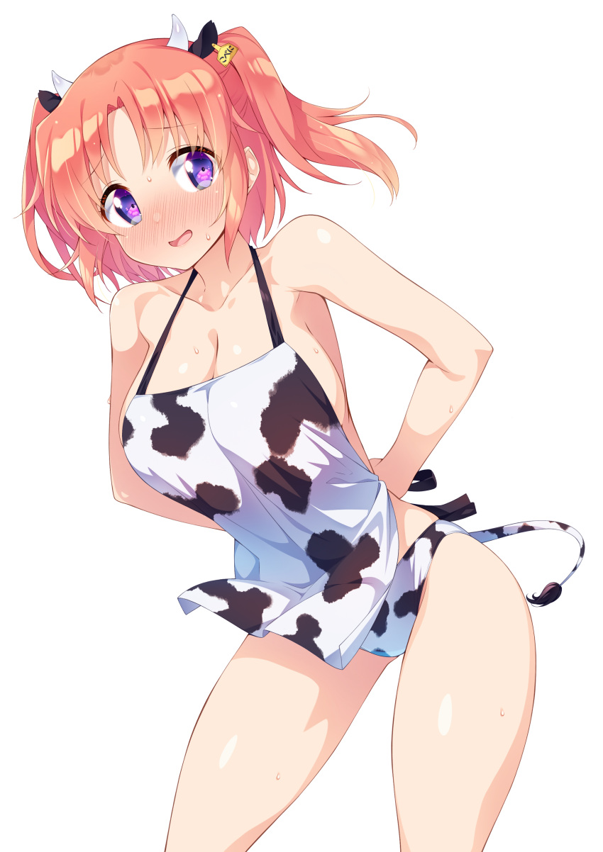 1girl :d absurdres animal_ears animal_print apron arms_behind_back bangs bare_arms bare_shoulders blush breasts collarbone commentary_request cow_ears cow_horns cow_print cow_tail ear_tag embarrassed highres horns kazuma_(kazumav) large_breasts leaning_forward medium_hair mikakunin_de_shinkoukei nearly_naked_apron nose_blush open_mouth panties print_apron print_panties purple_eyes red_hair simple_background smile solo sweat tail underwear white_background yonomori_kobeni