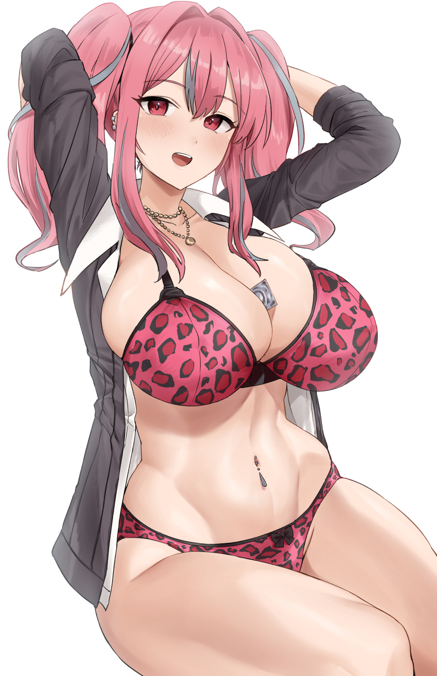 1girl absurdres animal_print azur_lane between_breasts bra breasts bremerton_(azur_lane) cleavage collarbone collared_shirt condom condom_wrapper dress_shirt earrings grey_hair grey_shirt highres hotate-chan jewelry large_breasts layered_clothing leopard_print long_hair long_sleeves looking_at_viewer multicolored_hair navel navel_piercing necklace open_clothes open_mouth open_shirt panties piercing pink_bra pink_eyes pink_hair pink_panties shirt sidelocks sitting solo streaked_hair thighs twintails underwear white_shirt