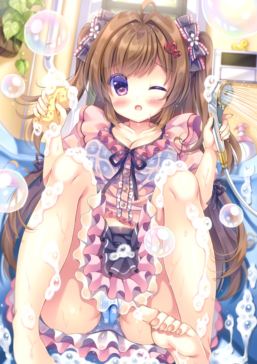 1girl ;o absurdres ahoge bangs barefoot bath bathtub black_bow black_skirt blue_bra blue_panties blush bow bra brown_hair commentary_request eyebrows_visible_through_hair floral_print flower frilled_bow frills hair_bow hair_flower hair_ornament hands_up heart heart_hair_ornament highres holding knees_up kouta. long_hair looking_at_viewer moe2022 one_eye_closed open_mouth original panties pink_shirt pleated_skirt print_bra print_panties purple_eyes rubber_duck see-through shirt shower_head skirt soap_bubbles soles solo sponge two_side_up underwear very_long_hair wet wet_clothes wet_shirt white_flower