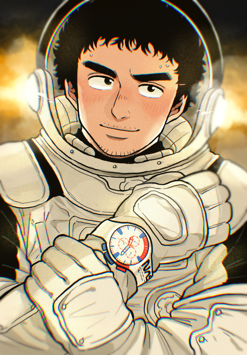 1boy afro backlighting black_eyes black_hair blush facial_hair hand_on_own_arm highres keroko_(keroooon) looking_at_viewer male_focus nanba_mutta space_helmet spacesuit stubble sweat thick_eyebrows uchuu_kyoudai upper_body watch wristwatch