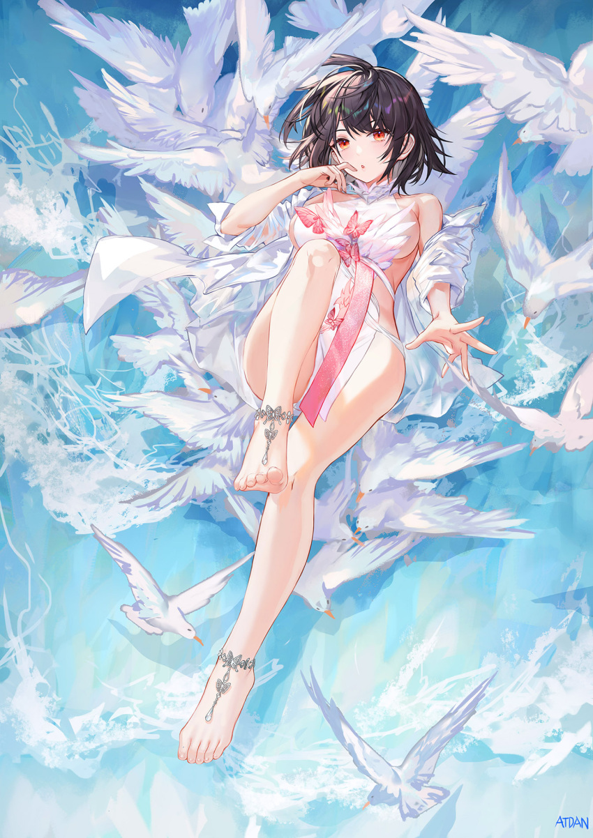 1girl animal anklet atdan bare_legs bare_shoulders barefoot barefoot_sandals bird black_hair breasts feet full_body highres jewelry large_breasts leg_up looking_at_viewer no_bra no_panties off_shoulder open_clothes open_shirt original parted_lips red_eyes revealing_clothes revision see-through shirt short_hair sideless_outfit solo thighs white_shirt