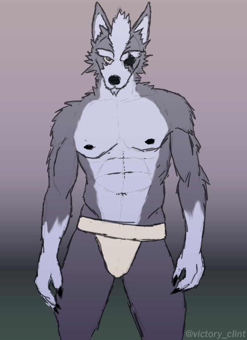 abs anthro biceps bulge canid canine canis claws clothing eye_patch eyebrows eyewear fur hair hi_res jockstrap looking_at_viewer male mammal muscular muscular_anthro muscular_male navel nintendo pecs simple_background solo star_fox underwear victory_clint video_games wolf wolf_o'donnell