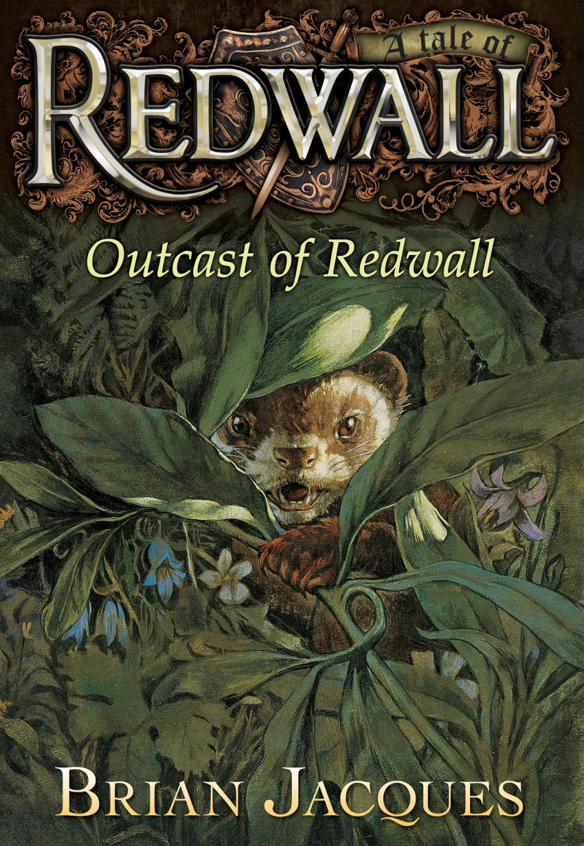 6_fingers ambiguous_form book_cover brown_body brown_eyes brown_fur brown_nose claws common_ferret cover english_text fingers flower fur hi_res leaf looking_at_viewer male mammal melee_weapon mustela mustelid musteline open_mouth plant redwall shield solo sword teeth text troy_howell true_musteline veil_(redwall) weapon whiskers white_body white_fur