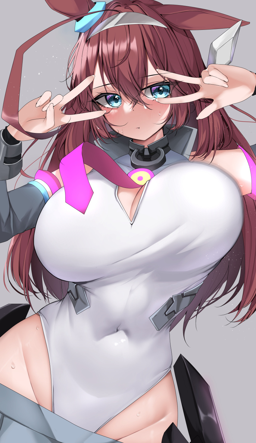 1girl absurdres ahoge animal_ears antyobi0720 blue_eyes breasts brown_hair cleavage_cutout closed_mouth clothing_cutout covered_navel double_v grey_background highres horse_ears horse_girl large_breasts long_hair mihono_bourbon_(umamusume) necktie pink_necktie pout silver_hairband simple_background solo sweat umamusume v