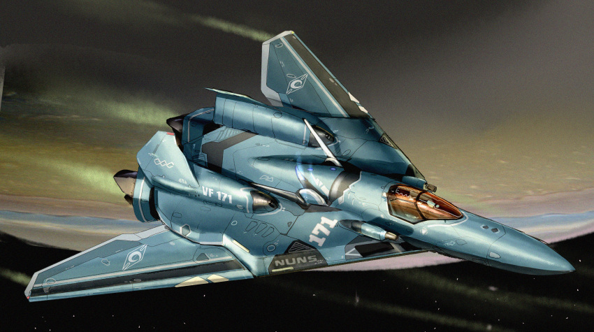 absurdres aircraft airplane asterozoa commentary energy_cannon english_commentary fighter_jet highres jet lights macross macross_frontier mecha military military_vehicle n.u.n.s. no_humans planet realistic roundel science_fiction simple_background solo space variable_fighter vehicle_focus vf-171