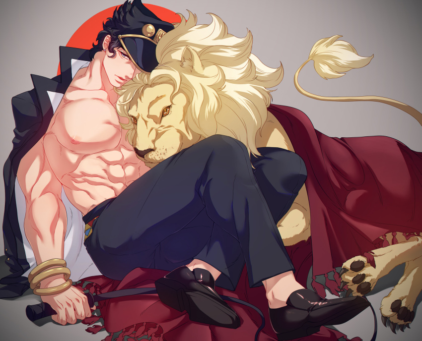 1boy animalization bare_pectorals black_hair bracelet cape coat coat_on_shoulders dio_brando hat highres jewelry jojo_no_kimyou_na_bouken kujo_jotaro large_pectorals less_end lion long_coat male_focus muscular muscular_male no_undershirt pectorals stardust_crusaders whip