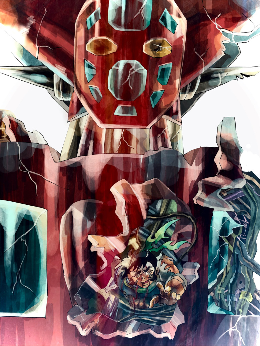 1boy black_hair blood blood_from_mouth cable damaged getter-1 getter_robo getter_robo_(1st_series) green_scarf grey_eyes hair_behind_ear highres male_focus mecha musashi_tomoe open_hand reaching_out scarf slllle1 spoilers super_robot upper_body white_background yellow_eyes