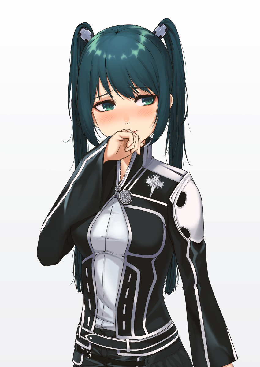 1girl absurdres black_jacket black_order_uniform blue_hair blush breasts closed_mouth d.gray-man dress_shirt gradient gradient_background green_eyes highres jacket lenalee_lee long_hair long_sleeves looking_away open_clothes open_jacket shiny shiny_hair shirt small_breasts solo stock-world twintails upper_body white_background white_shirt