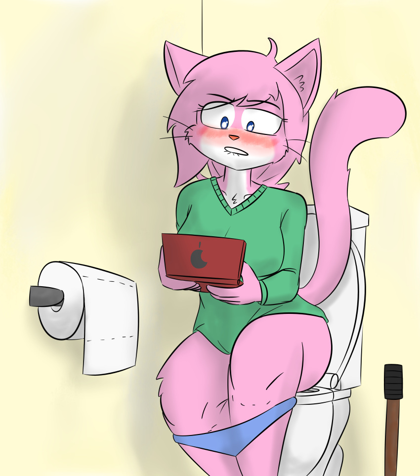 absurd_res aeris_(vg_cats) anthro bathroom bite biting_lip blue_eyes blush breasts clothed clothing digital_media_(artwork) domestic_cat felid feline felis female fur game_console gaming hair handheld_console hi_res holding_console holding_object leaning mammal notmypornaccount panties panties_down partially_clothed pink_body pink_fur playing_videogame simple_background sitting solo sweater toilet toilet_paper toilet_plunger toilet_use topwear underwear underwear_down vg_cats video_games webcomic webcomic_character