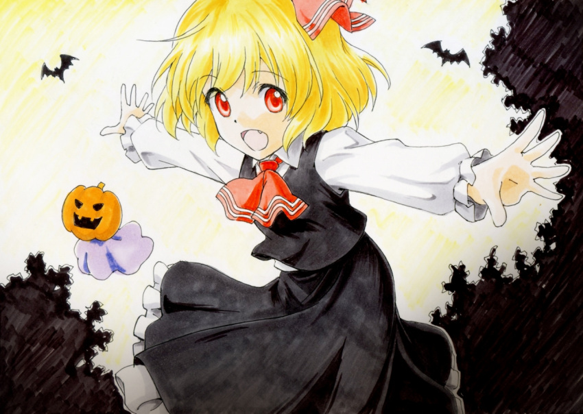 1girl ascot bat beluo77 black_skirt black_vest blonde_hair collared_shirt commentary_request eyebrows_visible_through_hair fang frilled_skirt frills hair_ribbon long_sleeves open_mouth outstretched_arms red_ascot red_eyes red_ribbon ribbon rumia shirt short_hair skirt spread_arms touhou traditional_media vest white_shirt youkai