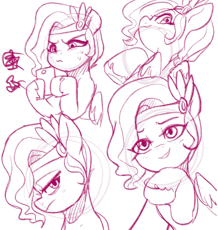accessory blush bodily_fluids equid equine eyelashes female feral hair_accessory half-closed_eyes hasbro hi_res hooves mammal marenlicious mlp_g5 monochrome my_little_pony narrowed_eyes pegasus phone pink_and_white pipp_petals_(mlp) smile solo sweat wings